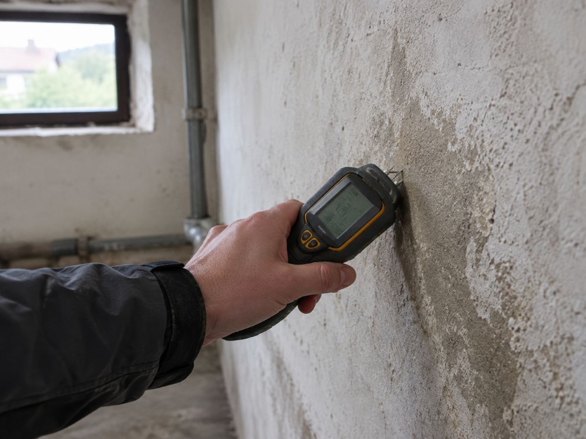 Feuchtemessgerät an einer verputzten Kellerwand