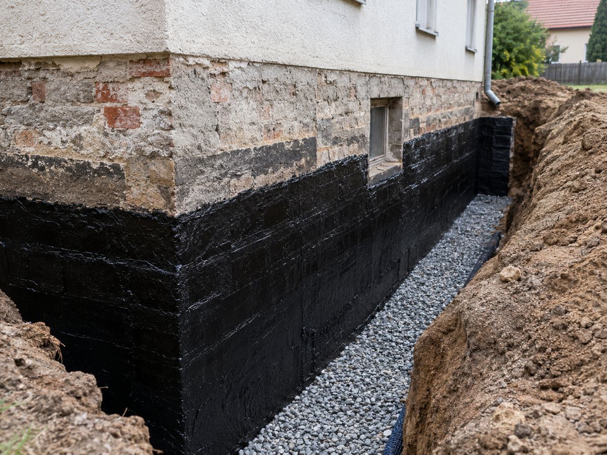 Freigelegte Kellerwand eines älteren Hauses mit frischer schwarzer Bitumenabdichtung und Drainagekies